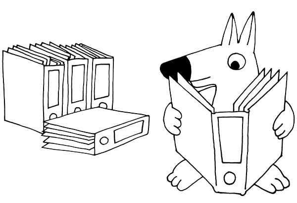 Spike the dog browsing some files.